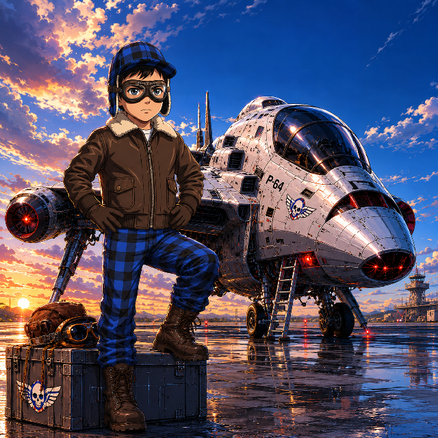 ALEX SKYRIDER pilot in front of the ship inside a futuristic arcade hangar